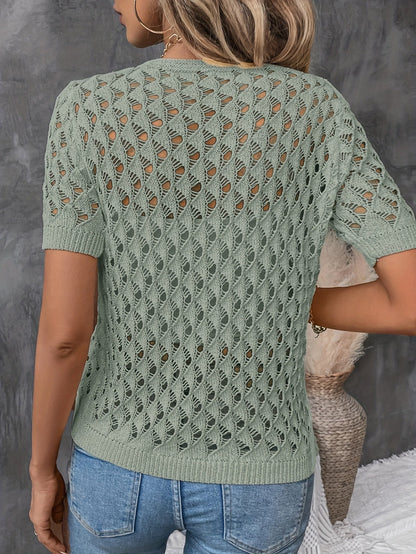 Angelique - Eleganter V-Ausschnitt Kurzarmpullover Aus Spitze