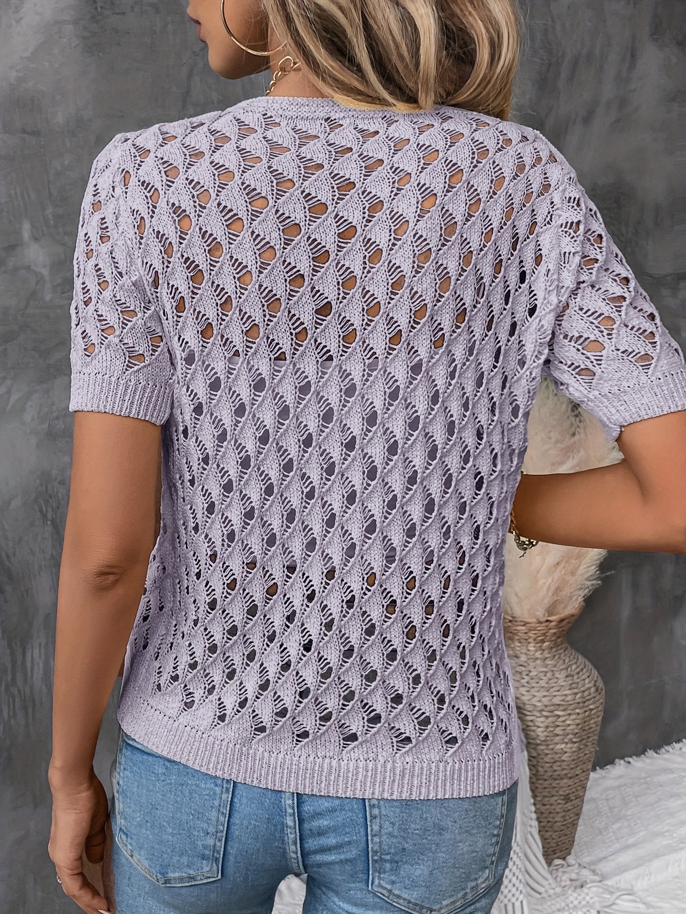 Angelique - Eleganter V-Ausschnitt Kurzarmpullover Aus Spitze