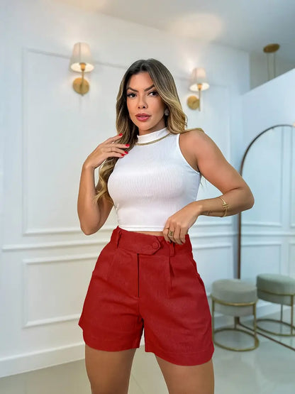 Annora – Lässige Kurze Mit Hoher Taille Und Knopf